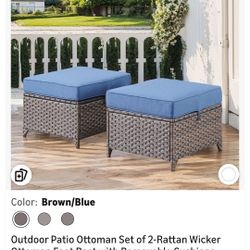Outdoor Patio Ottoman Set of 2-Rattan Wicker Ottoman Foot Rest with Removable Cushions Cover Outdoor Footstool for Deck Balcony Poolside Backyard-Brow