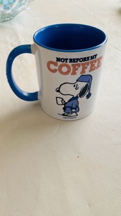 Peanuts 2014 Snoopy in robe and sleeping attire “Not Before my Coffee” on both sides of mug blue handle and interior