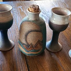 Southwest Clay Decanter & Goblets