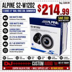 Alpine S Series 12" Subwoofer Dual Voice Coil 1800 Watts S2-W12D2 🚨 Payment Options Available 🚨 No Credit Needed 🚨