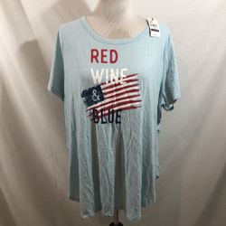 Lane Bryant Light Blue Short Sleeve T “Red, White & Blue”, Womens 18/20, NWT, bust 25”, length 29”
