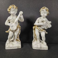 Vintage Napco Ware 8" Cherubs Playing a Lyre & a Lute Tuscany Alabastro C-6422