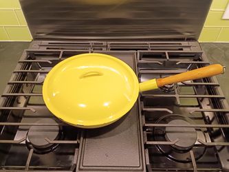 Vintage Descoware Yellow Enameled Cast Iron Skillet + Lid 11" Mid-Century