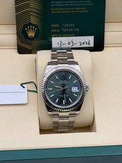 New 2026 Rolex Datejust 41mm 126334 Mint Green Dial 18k White Gold Fluted Bezel Steel Oyster Bracelet Full Set