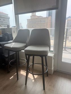 Set of 2 Gray Upholstered Swivel Bar Stools