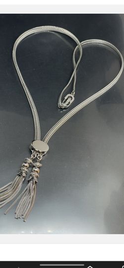 VTG Signed Monet Silvertone Tassel Slider 22.5 Statement Retro Lariat Necklace