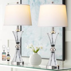 Set of 2, 3-Way Dimmable Touch Coastal Glass Bedside Table Lamps for Bedroom with 2 USB ports