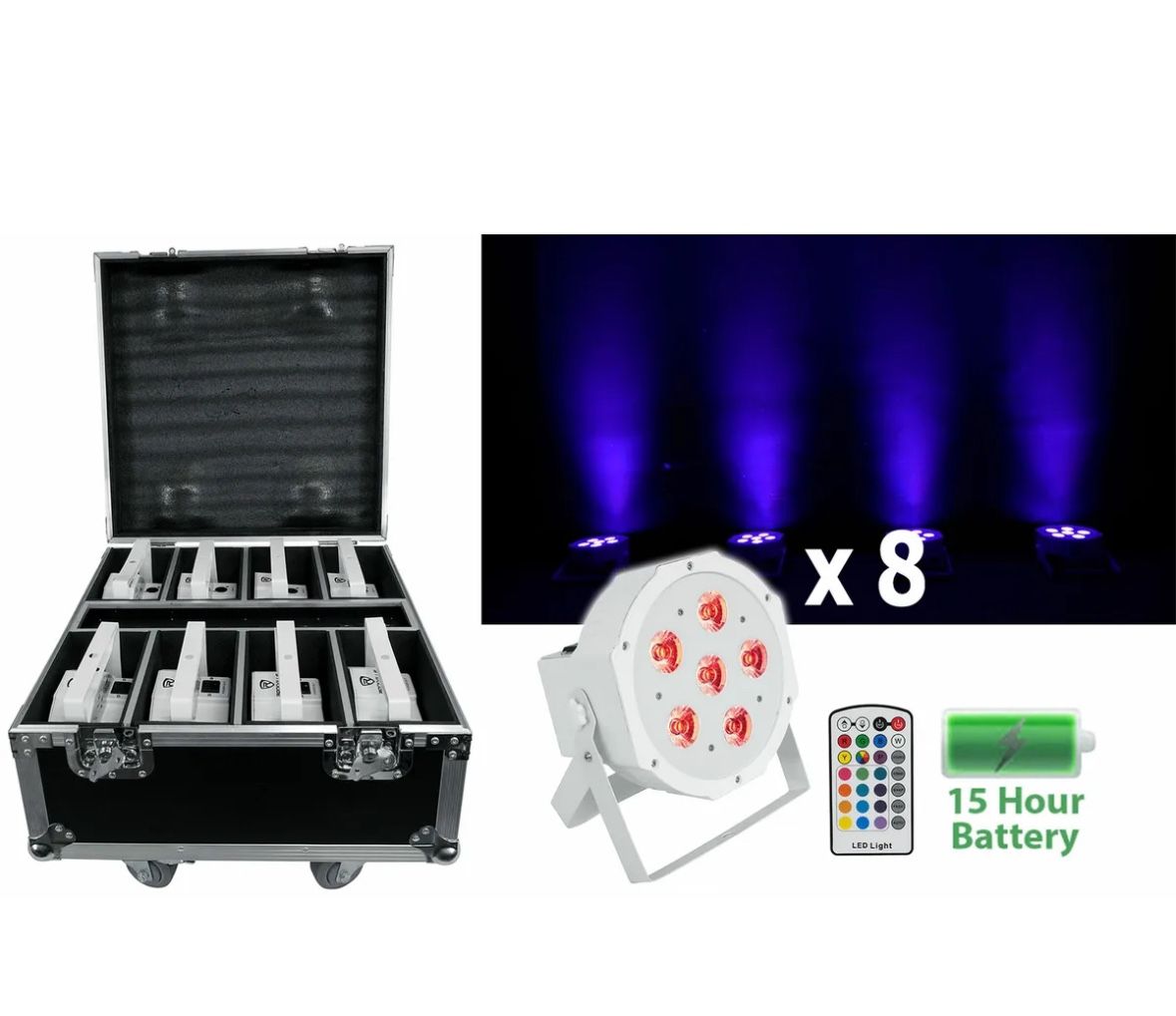 Rockville BATTERY PAR PACK 6RF White (8) Rechargeable Wash Lights+Charging Case