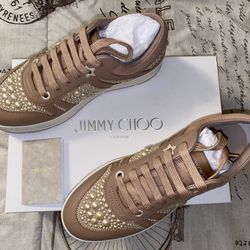 Jimmy Choo Hawaii/F Pink Leather Sneakers with Pearls