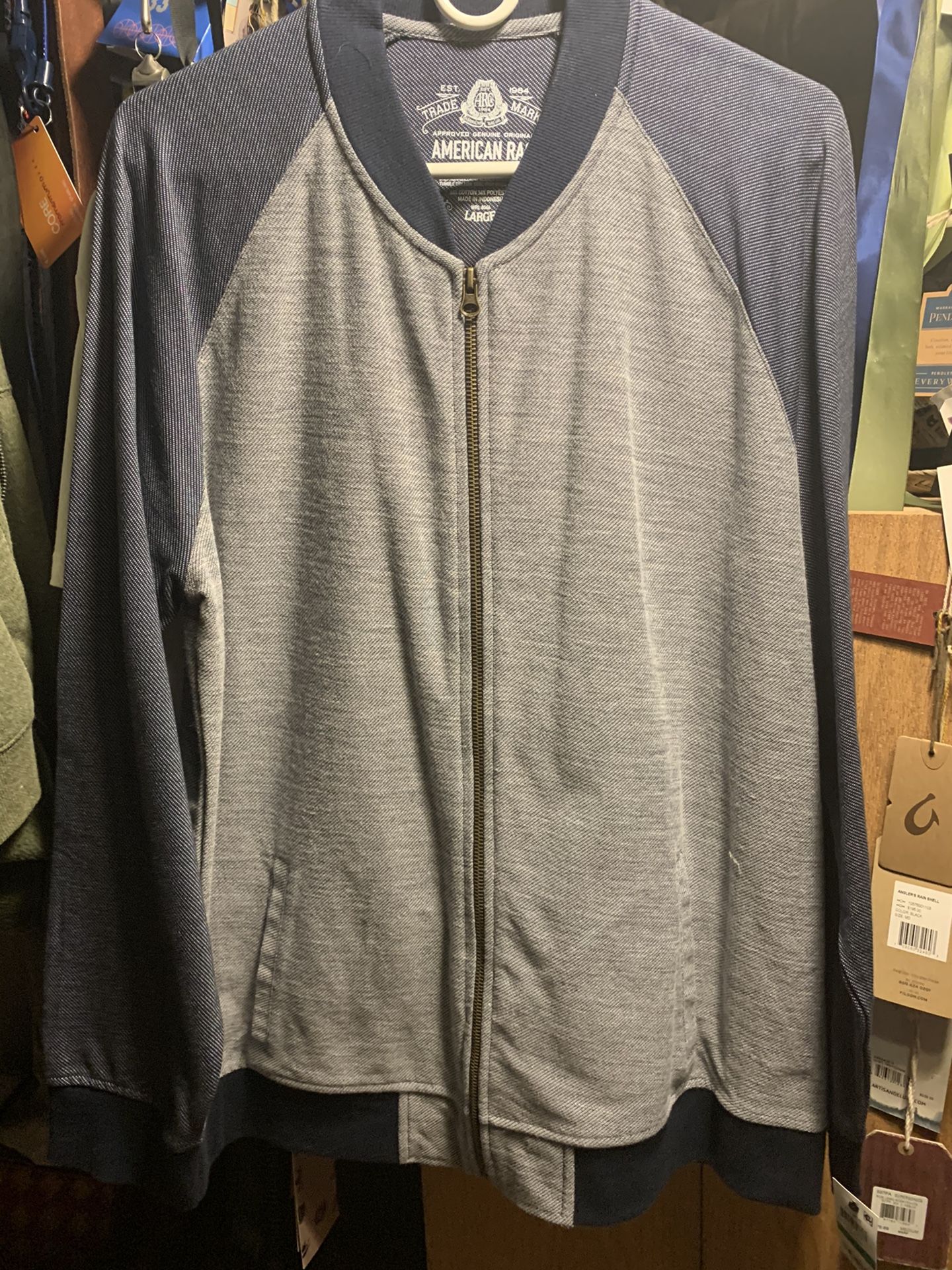 Men’s Large American Rag zipper Sweat jacket blue/gray combo new with tags
