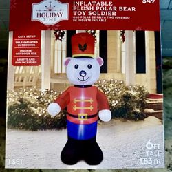 Holiday Time Inflatable Plush Polar Bear Toy Soldier 6 ft Tall  New In Box