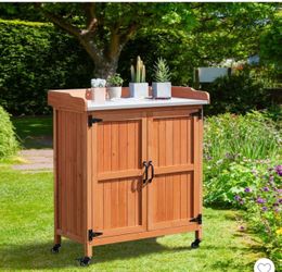 Outdoor Garden Potting Bench Table with Cabinet, Brown