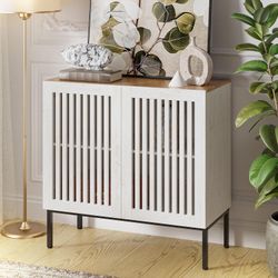 31.5" Farmhouse Buffet Cabinet with Metal Base, Adjustable Shelf & 2 Doors, Antique White Storage Sideboard for Kitchen, Dining & Living Room