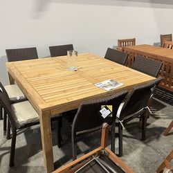 Modern 9PC Square Dining Set – 100% FSC Solid Teak Wood Table + Wicker Chairs | Open Box | Commercial Grade Heavy Duty | Outdoor Patio | Closeout Deal