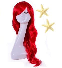 JiaDuo Women Mermaid Wig with Starfish Hair Clip Halloween Princess Costume Accessories Red Long Curly Cosplay Wig One Size