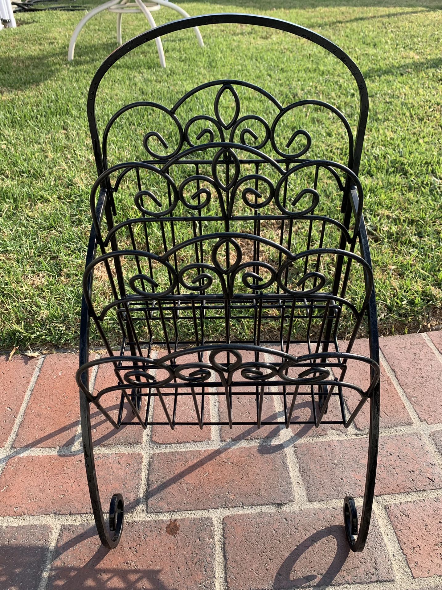 Vintage Mid Century Wrought Iron Triple Tier Magazine Rack Black Scrolled Metal Magazine Holder