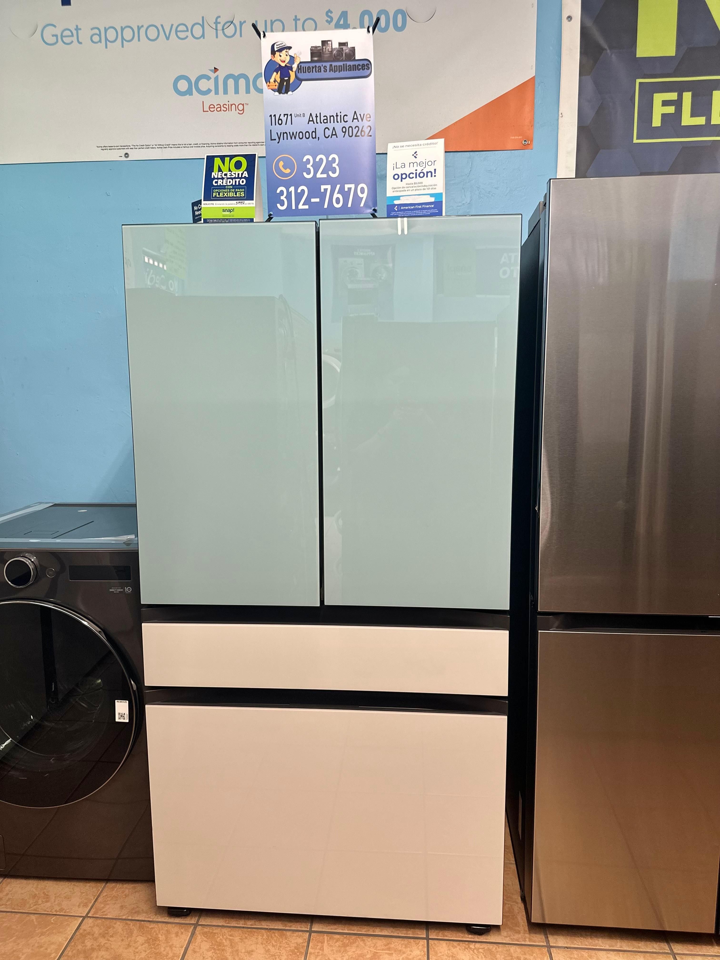 Samsung Bespoke 29 cu ft. Standard Depth 4-Door French Door Smart Refrigerator in Morning Blue/White Glass with Beverage Center
