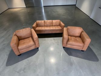 Luxury Cognac Leather Sofa & Chair Set – Modern 3 Piece Design