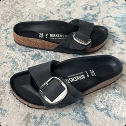 Size 7 (38) Birkenstock Big Buckle Madrid Sandals in Black Leather