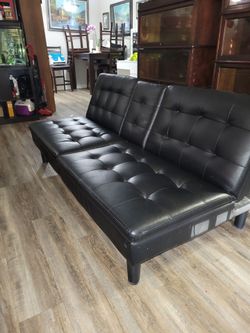 Modern Black Faux Leather Tufted Futon / Sofa Bed. Read description