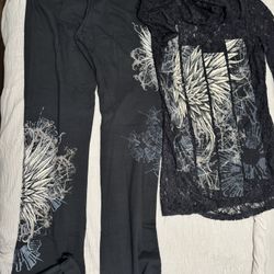 black lace long sleeve top and matching wide-leg pants 