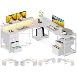 66" L Shaped Computer Desk, 113“ Reversible Home Office Desk with File Cabinet & 4 Fabric Drawers, Two Person Desk with LED Lights & Power Outlet, Cor