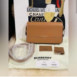NWT Burberry Leather Shoulder Bag w/ Dust Bag Nutmeg color Drop 31"