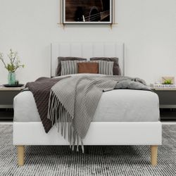 NEW White Upholstered Twin Platform Bed Frame