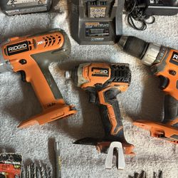 Ridgid 18V Drill Bundle—1/4” Hex Impact, 1/2” Dr Driver, 1/2” Hammer Drill, Battery & Charger, Bits/Tips