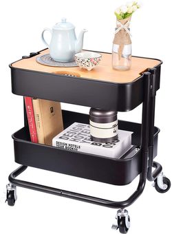 2-Tier Metal Utility Rolling Cart Storage Side End Table with Cover Board for Office Home Kitchen Organization, Black