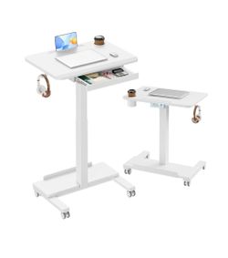 28" Mobile Standing Desk with Drawer and Charging Station
Rolling Desk Adjustable Height with Cup Holder, Hook, Tablet Slot, Storage Base, Lockable Wh