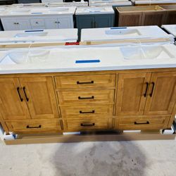 72” Bathroom Vanity in teak , double sink soft close solid wood with vanity top in white  $1149 