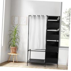 Heavy Duty Clothes Rack with Privacy Curtain Double Rod Freestanding Wardrobe
