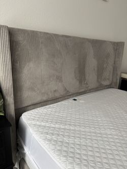 QUEEN BED FRAME, W/SLATES, GREY VELVET