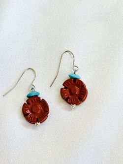 Coral Flower Earrings with Turquoise Bead – Sterling Silver Hooks