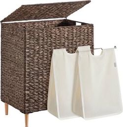 New Laundry Hamper 2 Sections, 34.3 Gal.  Handwoven Water Hyacinth Wicker Basket with Lid, Espresso