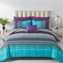 Cottolester Boho Comforter Set Queen Size 8 Piece Bed in a Bag Bohemian Striped Bedding Quilt Set Aqua Paisley Floral Comforter and Sheet Set,Soft Mic