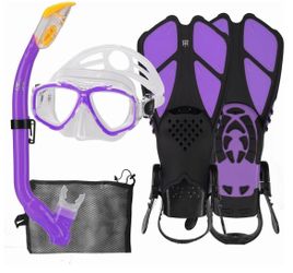 Kids' snorkeling set with mask, fins, and mesh bag; includes anti-fog diving mask, snorkel, and adjustable swim fins
