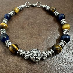 Silver and Tiger Eye Beaded Bracelet with Lion Charm