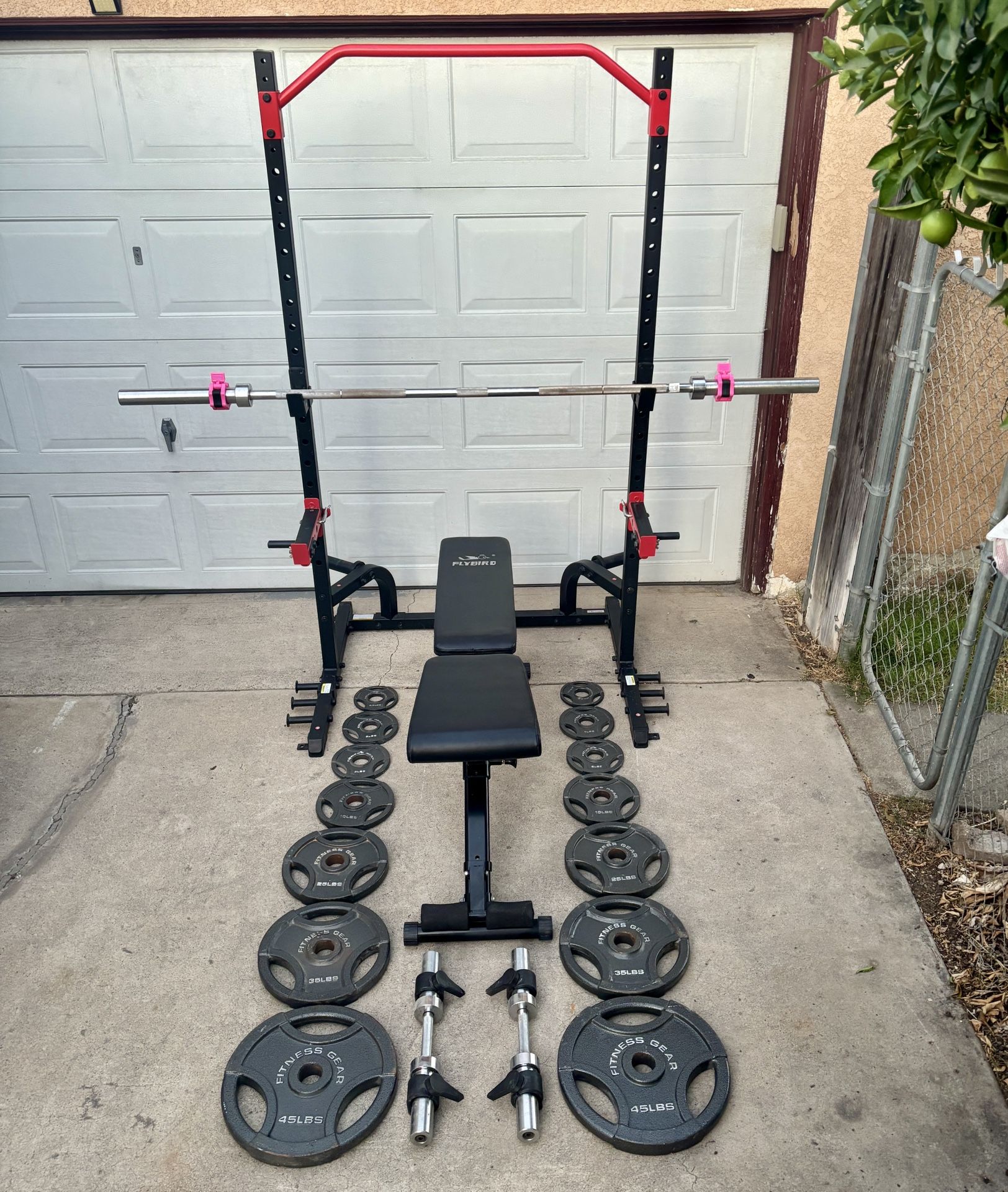 Olympic Weights, 7-ft Bar, Adjustable Bench and Squat Rack