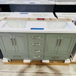 60” Brand New Bathroom Vanity in Green color, Soft Close Solid Wood with Top in White  $899 