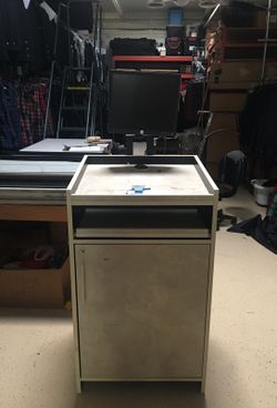 Gray industrial work podium printer stand with monitor screen
