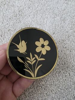 Vintage Black Gold Bird Floral Double Compact Mirror Engraved Brass Tone 2.75"