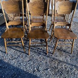 Vintage Country Style Pressed Back Solid Oak Dining Chairs - Set of 6
