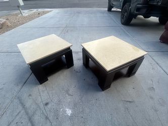 Set of 2 Luxury Square Side Tables – Heavy Stone Top / Espresso Wood Frame