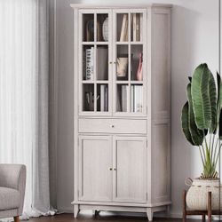 White Oak Bookcase with Glass Doors & Drawer T-11