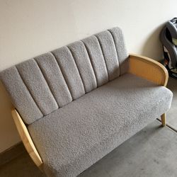 Modern Bouclé Loveseat with Rattan Arms 