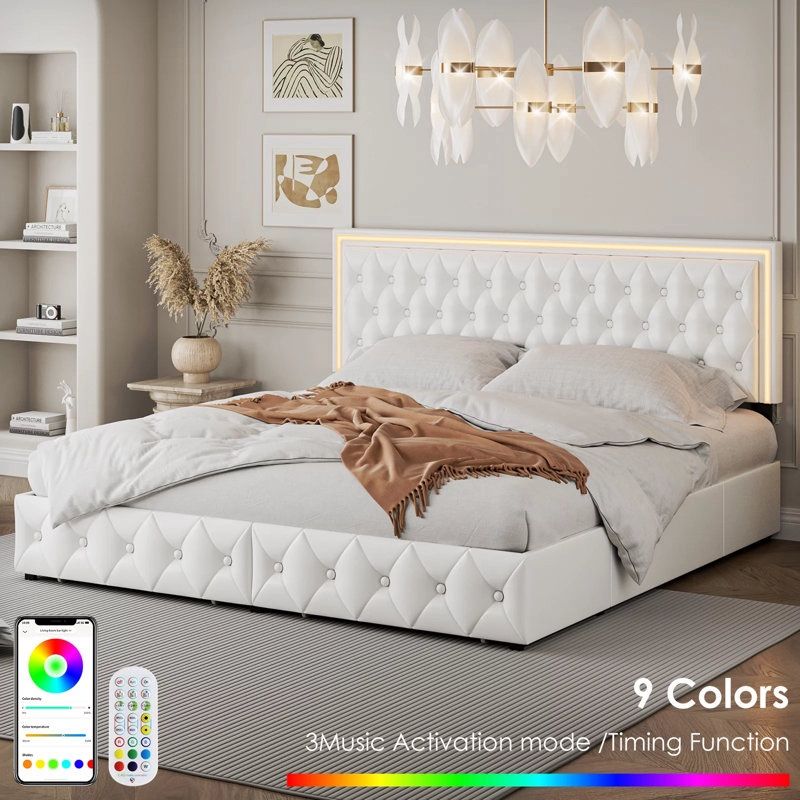 King Size Modern LED Platform Bed, PU Upholstered Bed with Storage Drawers, RGB Lighting & Music Sync, Adjustable Headboard, No Box Spring Needed, Eas