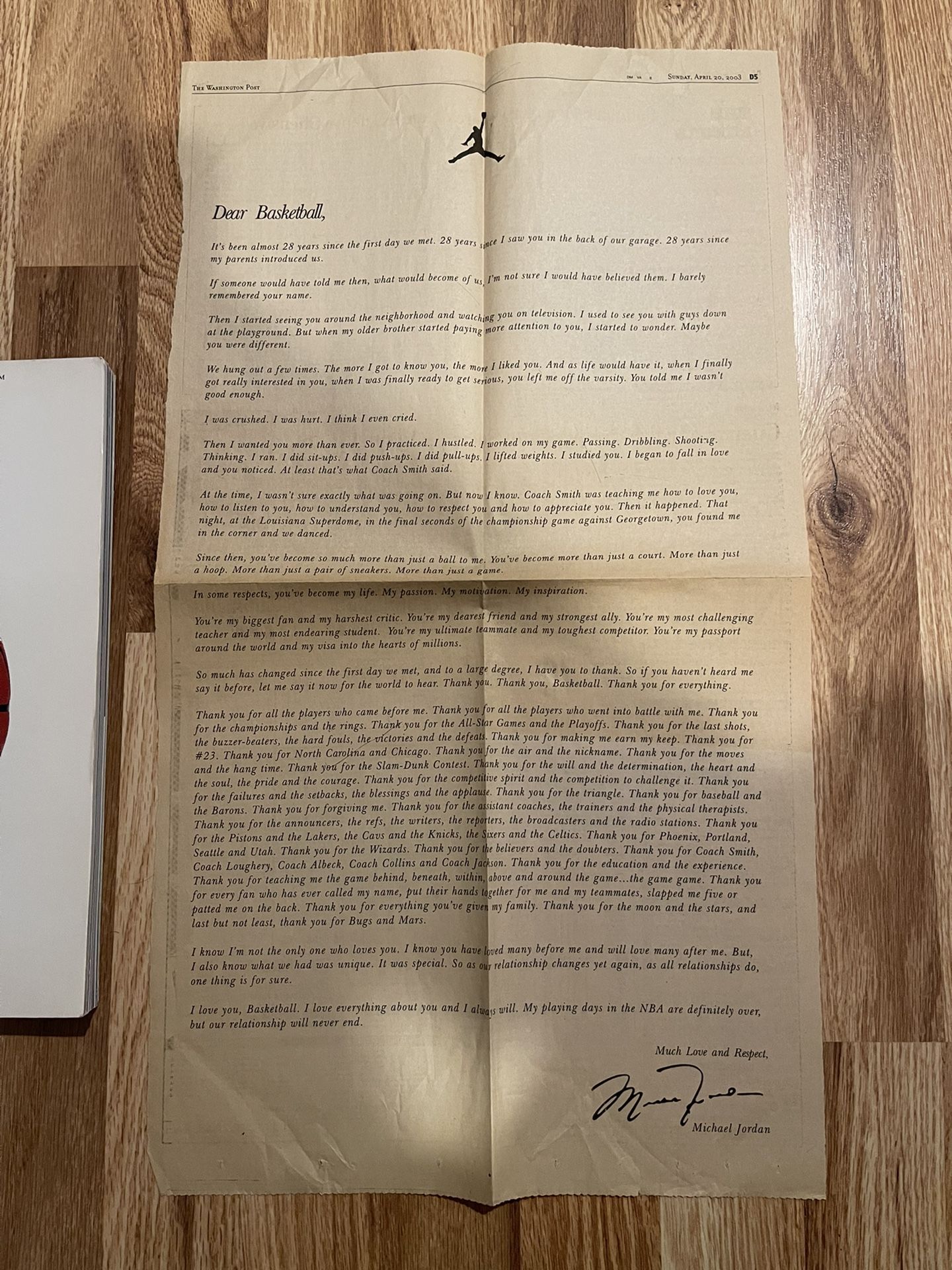 Michael Jordan Dear Basketball Letter Washpost