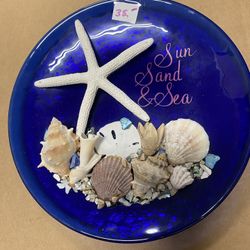 Colbalt Blue Round Glass Plate Decorated With Seashells 
